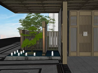 Traditional Garden Landscape Design With Courtyard Water Pool And Stone Lanterns 3d model