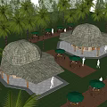 Round Wooden Huts With Thatched Roofs Palm Trees And Green Umbrellas In Outdoor Area