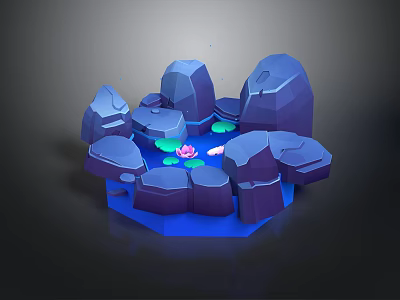 Low Poly Surrounding Rocks Scene With Glowing Lotus And Blue Hexagonal Base 3d model