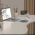Curved White Desk Setup with Laptop Pen Holder Floor Lamp and Ergonomic Chair