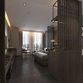 Modern Chinese Style Hotel Room Interior With Blue Wall Wooden Decor Sofa And Large Bed