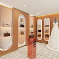 Elegant Bridal Shop With White Wedding Dress Display Shelves And Arched Orange Walls