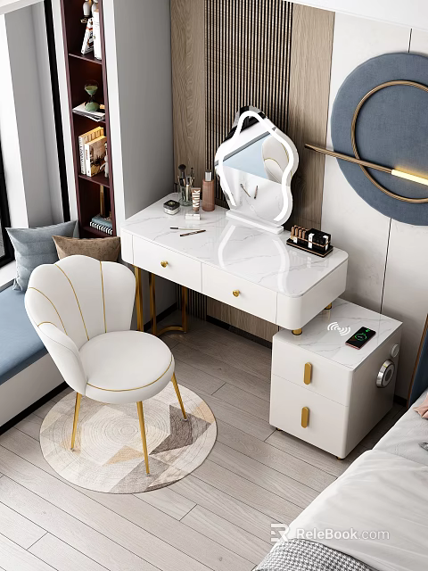 Elegant Modern Dressing Table With White Counter Gold Handles Makeup Accessories And Accent Chair 3d model 