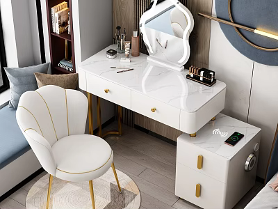 Elegant Modern Dressing Table With White Counter Gold Handles Makeup Accessories And Accent Chair 3d model