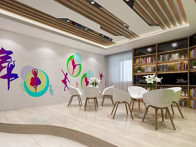 Colorful Casual Area with Dance Figures on Wall White Chairs Table and Bookshelf 3d model