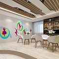 Colorful Casual Area with Dance Figures on Wall White Chairs Table and Bookshelf