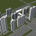 High Rise Residential Buildings in Urban Landscape With Blue Sky White Clouds Road Grassland Vehicles