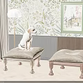 Upholstered Ottomans With Wooden Legs In Living Room With Dog Floral Wallpaper And Floor Lamp