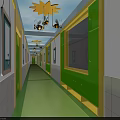 Kindergarten Corridor Interior With Green Cabinets And Ceiling Bee Sun Decorations 3d model
