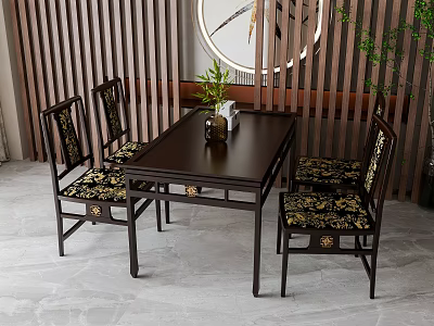 Traditional Chinese Dark Wood Table With Chairs Set Patterned Cushions And Wooden Slat Decor 3d model