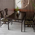 Traditional Chinese Dark Wood Table With Chairs Set Patterned Cushions And Wooden Slat Decor