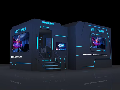 Modern VR Cinema Experience With Blue Lighting And Digital Screen Displays 3d model