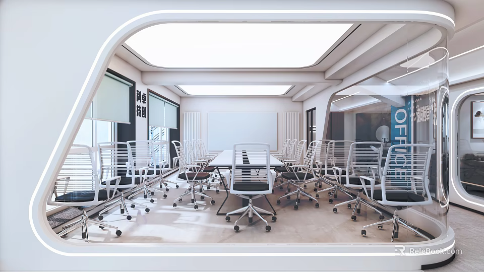Modern Office Interior Design With Conference Table Rolling Chairs Large Windows And Bright Lighting 3d model 