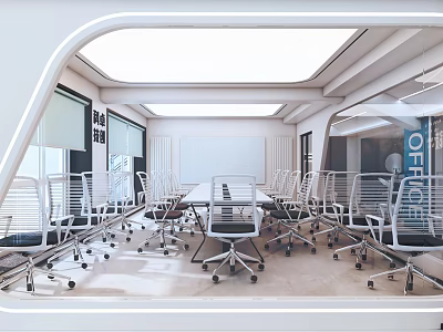 Modern Office Interior Design With Conference Table Rolling Chairs Large Windows And Bright Lighting 3d model