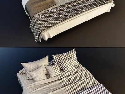 Double Bed with Modern Bedding Checkered Pillows and Geometric Pattern Sheets 3d model