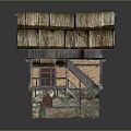 Traditional Two Story Cottage With Thatched Roof Wooden Balcony And Staircase