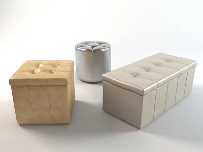 Three Different Shaped Functional Storage Ottomans with Tufted Top in Beige and Silver 3d model
