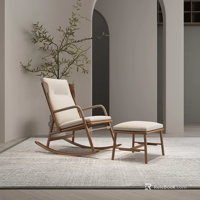 Wooden Rocking Chair With Light Cushion And Ottoman In Minimalist Living Room With Green Plant 3d model 