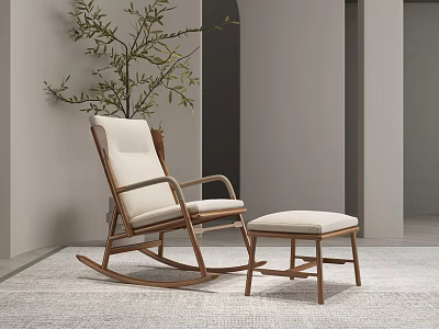 Wooden Rocking Chair With Light Cushion And Ottoman In Minimalist Living Room With Green Plant 3d model