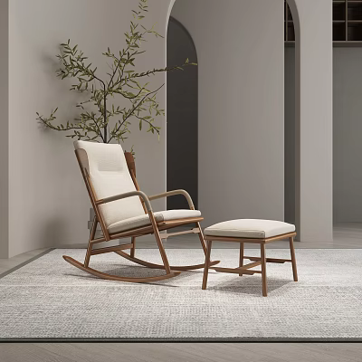 Wooden Rocking Chair With Light Cushion And Ottoman In Minimalist Living Room With Green Plant 3d model
