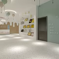 Modern Kindergarten Hall With Green Sofas Tree Shaped Decorations Large Windows And Bright Space 3d model