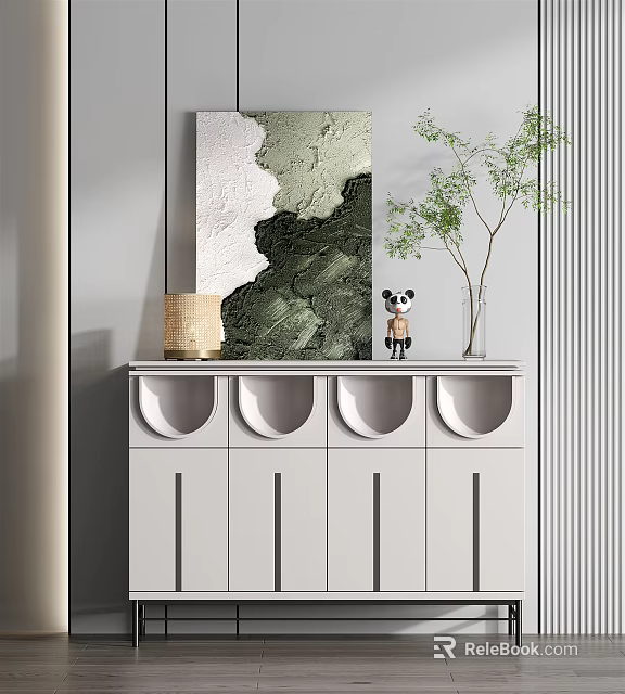 White Entryway Side Cabinet With Circular Groove Design And Woven Lampshade Panda Figurine Green Plant 3d model 