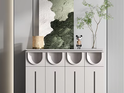 White Entryway Side Cabinet With Circular Groove Design And Woven Lampshade Panda Figurine Green Plant 3d model