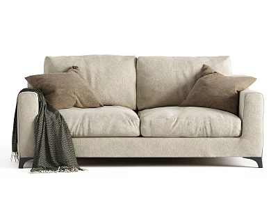 Cozy Light Beige Two Seater Sofa With Brown Cushions And Dark Blanket Draped Over Armrest 3d model