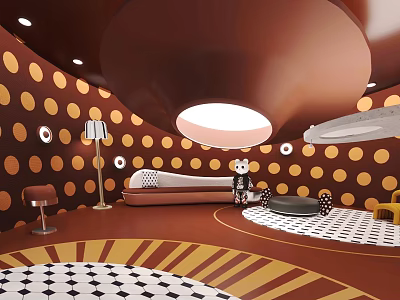 Contemporary Living Room Interior Design With Brown Polka Dot Walls Circular Ceiling And Patterned Rug 3d model
