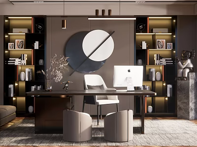 Modern Study Room Interior With Wooden Desk Office Chair And Bookshelves 3d model