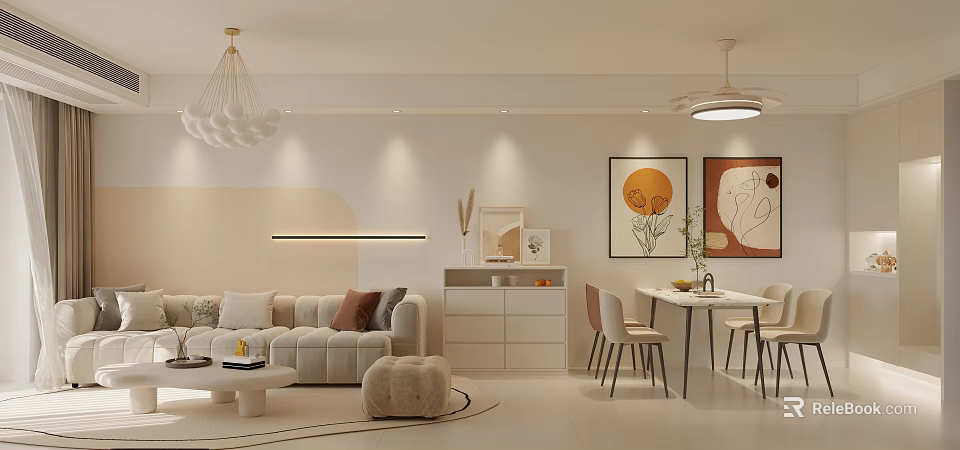 Modern Living and Dining Room Interior Design With Sofa Dining Table And Artwork 3d model