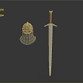Medieval Metal Helmet With Chain Mail And Red Hilt Sword