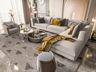 Elegant Light Gray Sofa And Coffee Table Set With Pillows Geometric Rug And Decorative Lights 3d model