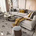 Elegant Light Gray Sofa And Coffee Table Set With Pillows Geometric Rug And Decorative Lights