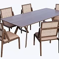 Dark Wooden Rectangular Dining Table Set With Six Woven Back Chairs And Beige Seats 3d model