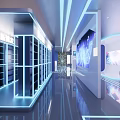 Modern Exhibition Hall With Geometric Ceiling Lights White Podiums And Digital Screens