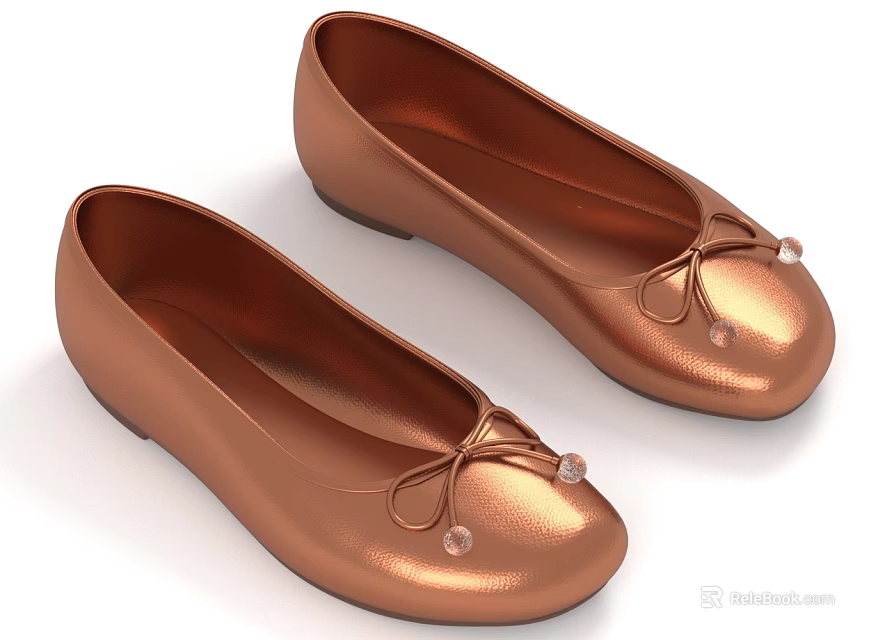 Copper Colored Flat Shoes With Bow Decoration And Pearl Accents 3d model 