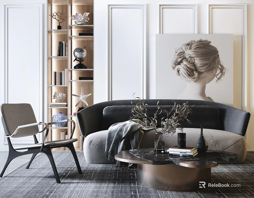 Modern Upholstered Sofa and Coffee Table Set with Metal Frame Portrait Art and Accent Chair 3d model 