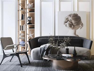 Modern Upholstered Sofa and Coffee Table Set with Metal Frame Portrait Art and Accent Chair 3d model