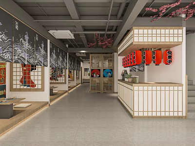 Japanese Style Restaurant Interior With Wooden Counter Red Lanterns And Wall Murals 3d model