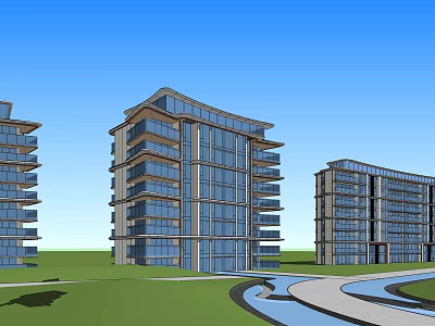 Modern High Rise Apartment Buildings With Glass Curtain Walls Balconies Green Lawns and Curved Waterway 3d model