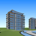 Modern High Rise Apartment Buildings With Glass Curtain Walls Balconies Green Lawns and Curved Waterway
