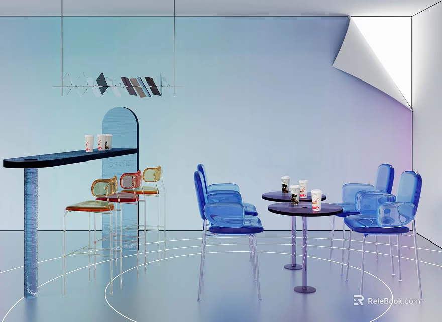 Modern Interior With Transparent Blue Chairs Round Tables Black Bar Counter And Gradient Walls 3d model 