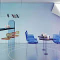 Modern Interior With Transparent Blue Chairs Round Tables Black Bar Counter And Gradient Walls