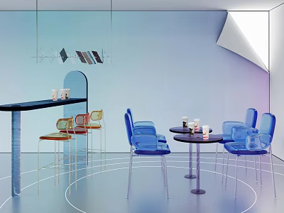 Modern Interior With Transparent Blue Chairs Round Tables Black Bar Counter And Gradient Walls 3d model