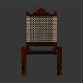 Traditional Red Wooden Chair With Woven Seat Backrest And Decorative Carved Top
