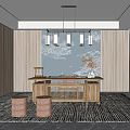 Chinese Style Study Room Interior With Wooden Walls Blue Painting Cloud Patterns And Round Stools