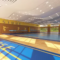 Spacious Indoor Sports Fitness Gym With Blue Mats And Balance Beams