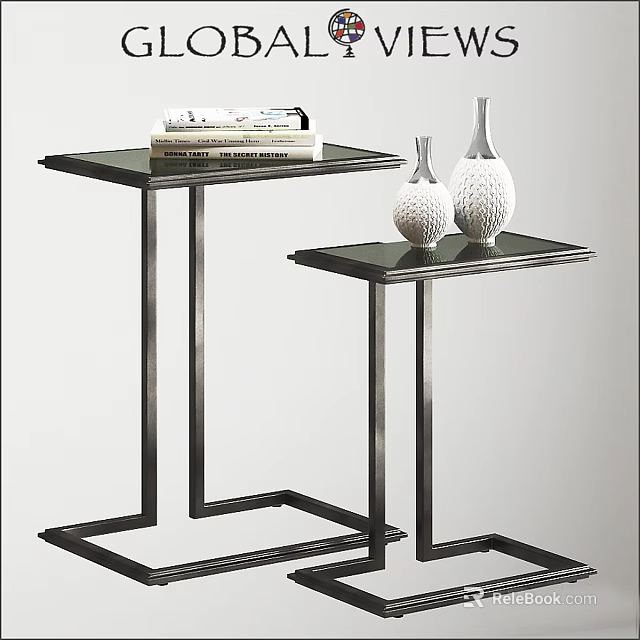 Modern Side Tables With Metal Frame Glass Top And Decorative Vases 3d model 