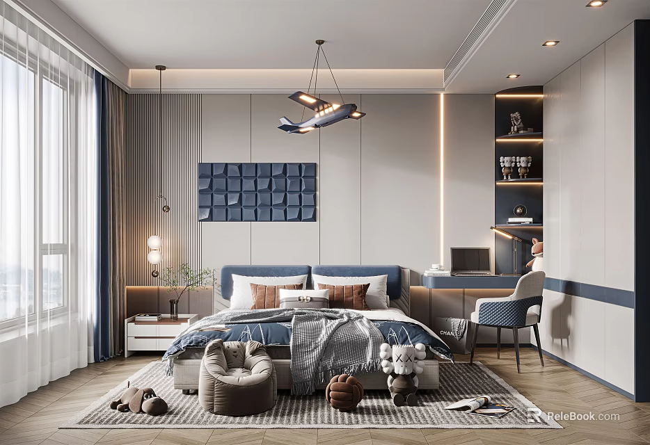 Modern Kids Room Interior With Bed Desk Chair Decorative Painting And Stuffed Toys Rug 3d model 